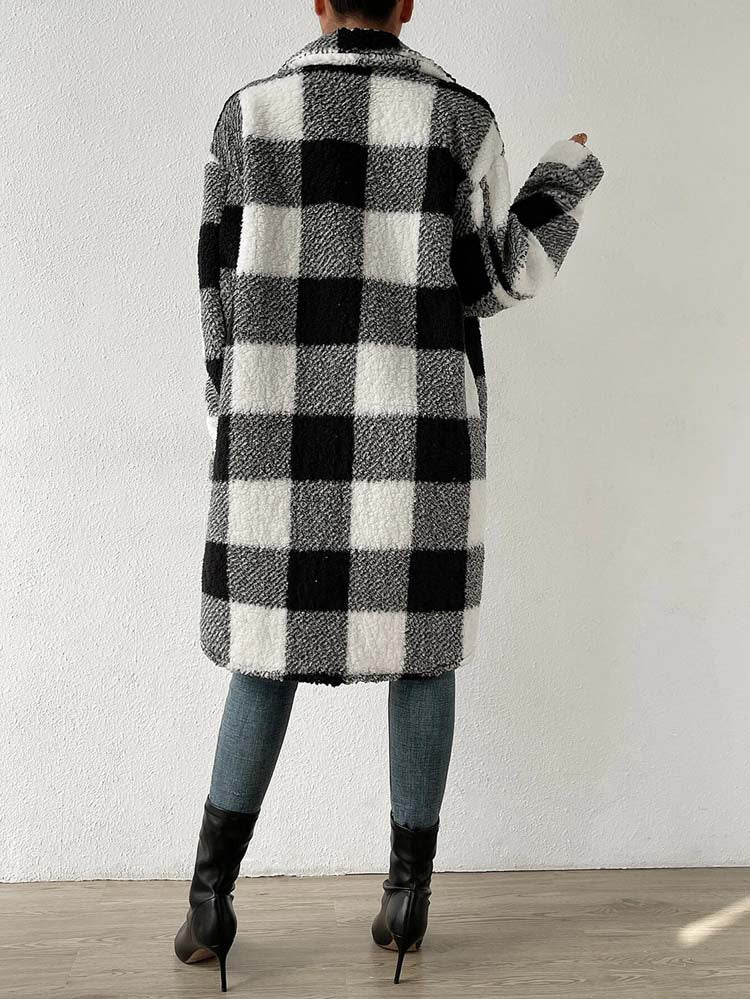 Plaid Plush Jackets- Faux Fur Plaid Longline Coat Jacket- - Pekosa Women Clothing