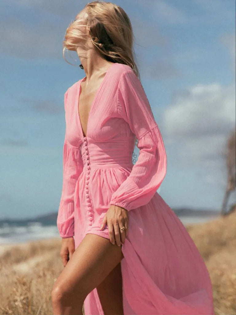 Trendiges Kleid mit tiefem Ausschnitt und Ballonärmeln