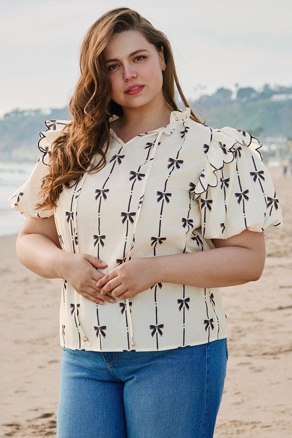 Plus Size Blouses & Shirts - Women's Casual Bow Print Blouse with Ruffle Accents