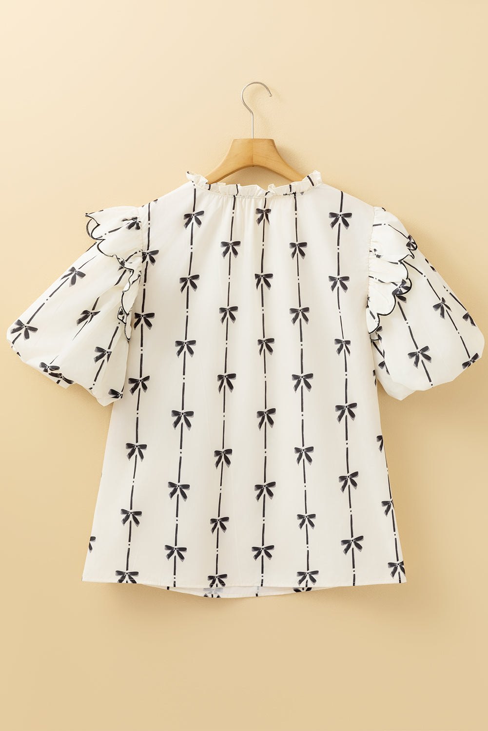 Plus Size Blouses & Shirts - Women's Casual Bow Print Blouse with Ruffle Accents