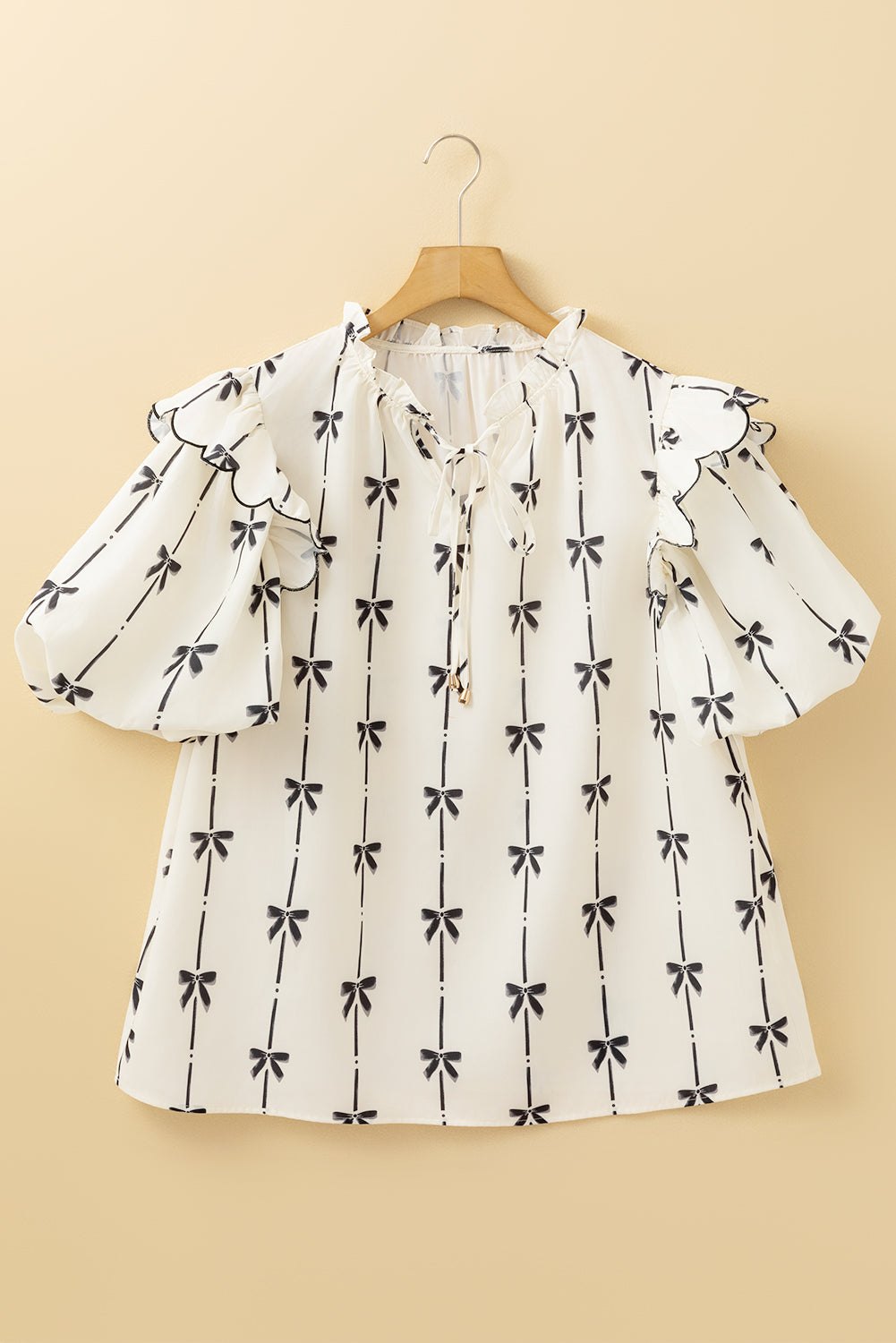 Plus Size Blouses & Shirts - Women's Casual Bow Print Blouse with Ruffle Accents