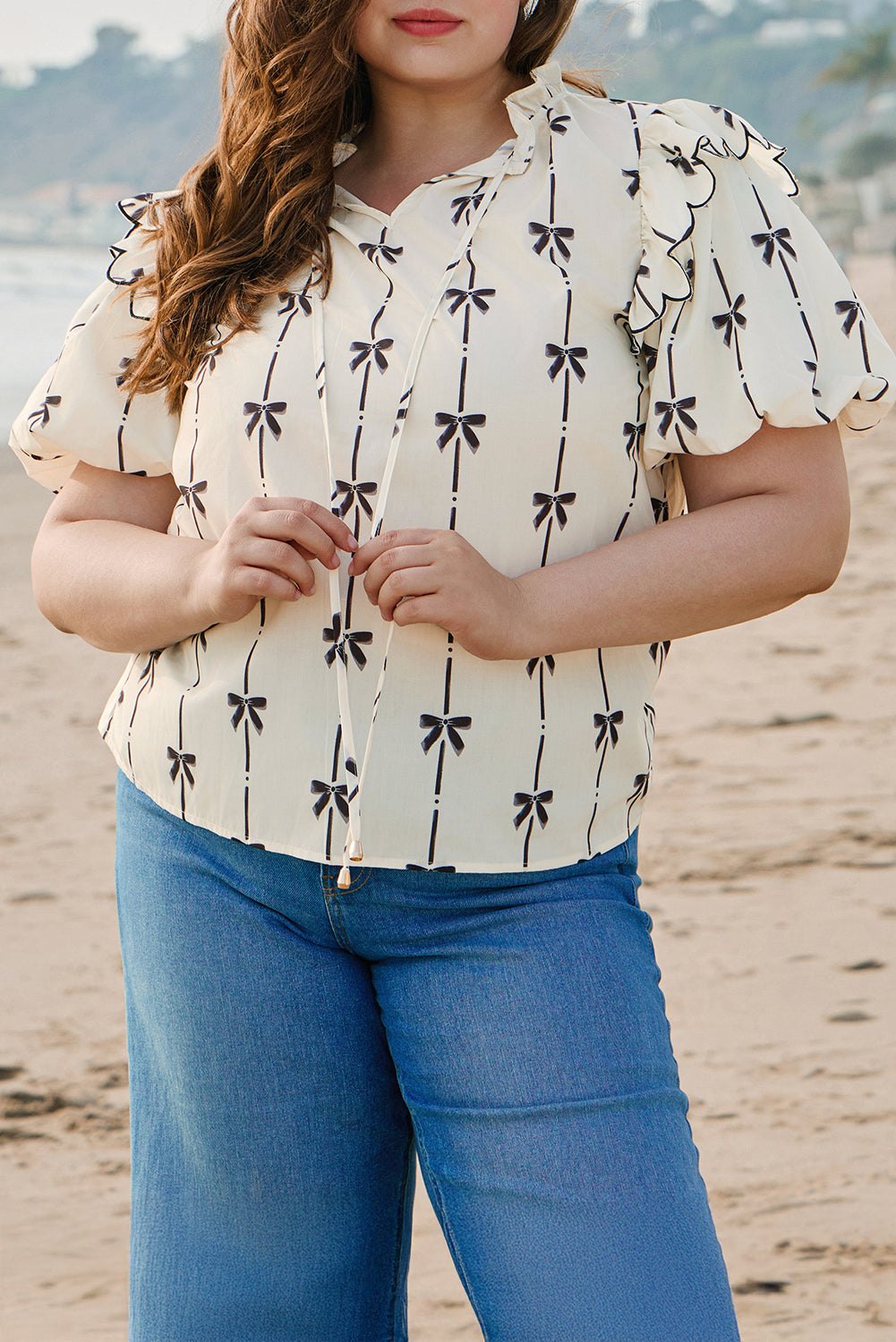 Plus Size Blouses & Shirts - Women's Casual Bow Print Blouse with Ruffle Accents