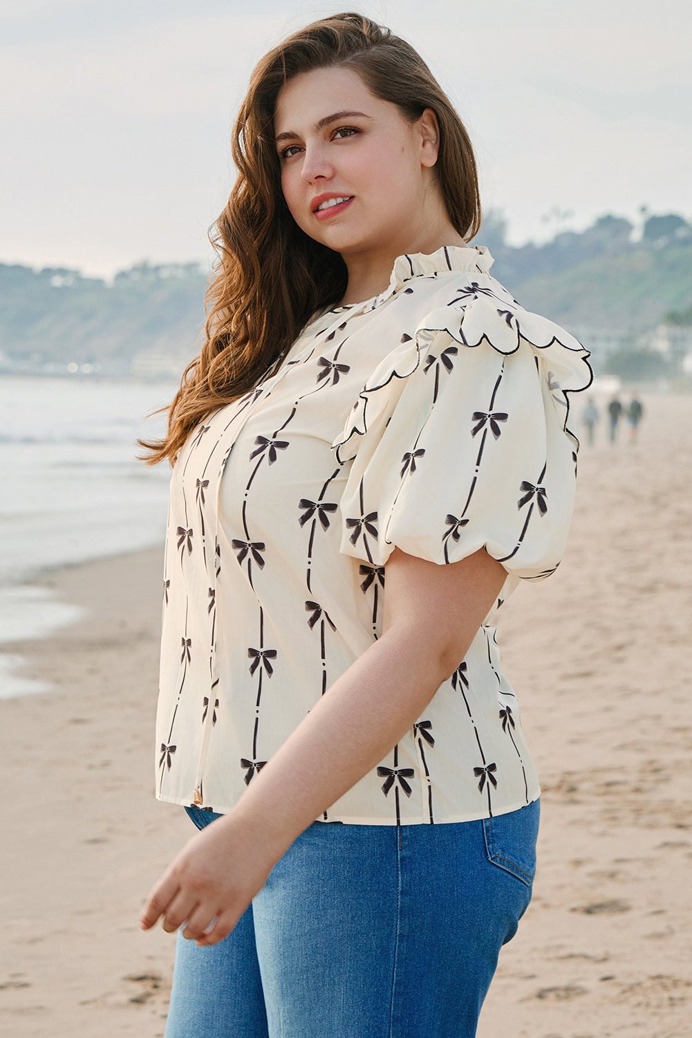 Plus Size Blouses & Shirts - Women's Casual Bow Print Blouse with Ruffle Accents