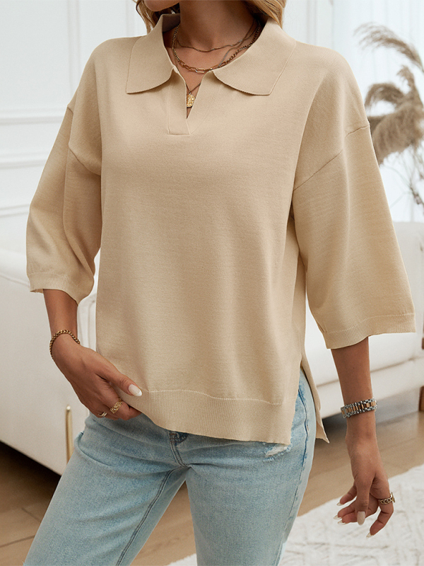 Polos- Oversized Solid Color Polo Neck Knit Top