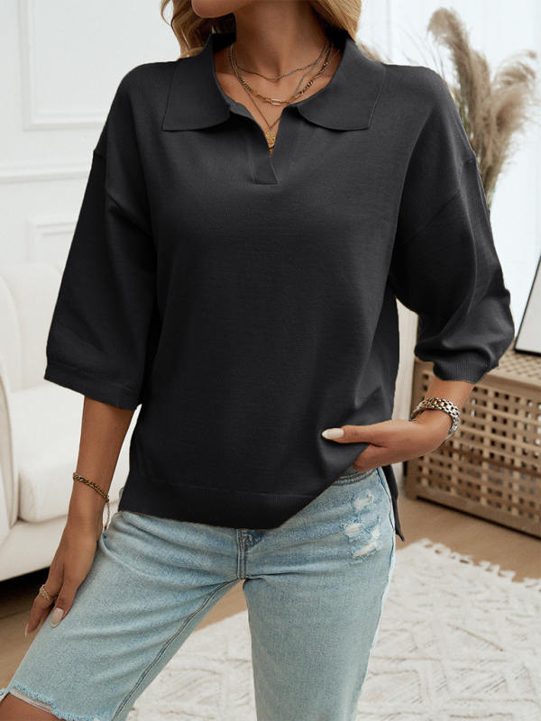 Polos- Oversized Solid Color Polo Neck Knit Top