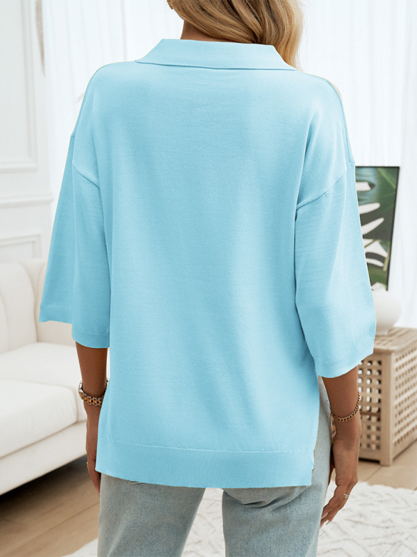 Polos- Oversized Solid Color Polo Neck Knit Top