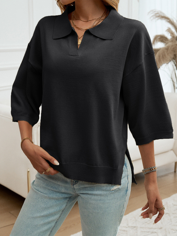Polos- Oversized Solid Color Polo Neck Knit Top