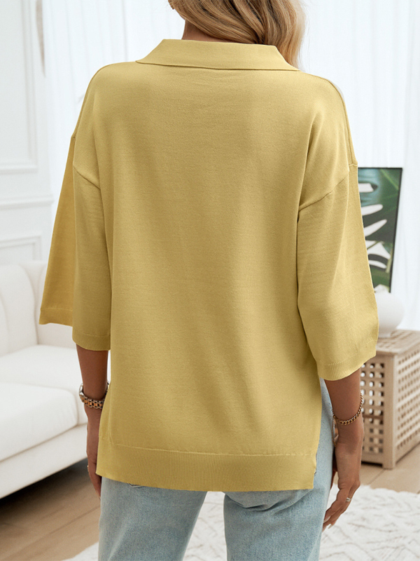 Polos- Oversized Solid Color Polo Neck Knit Top