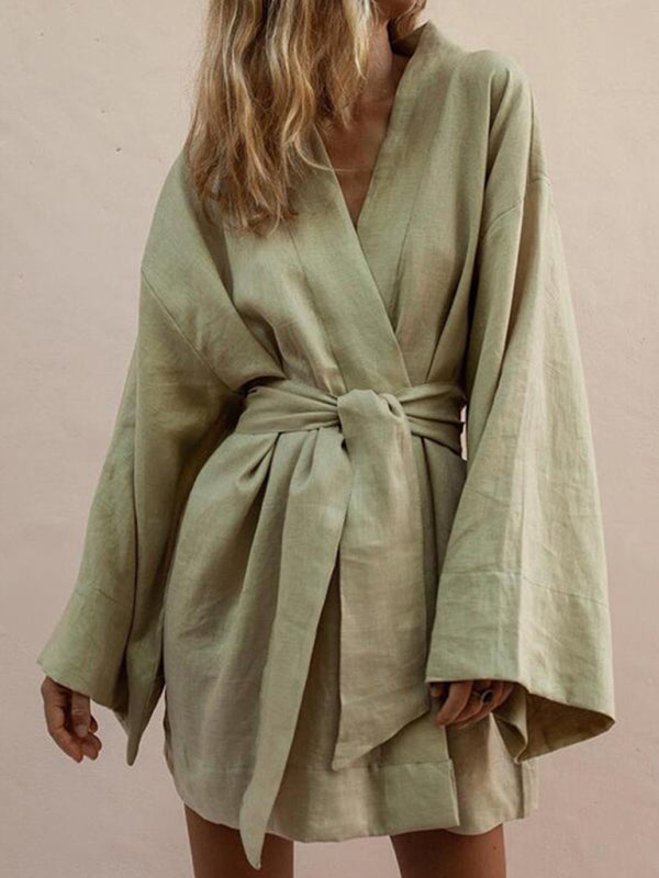 Robes - Casual Cotton Blend Belted Robe for Women