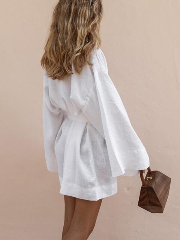 Robes - Casual Cotton Blend Belted Robe for Women