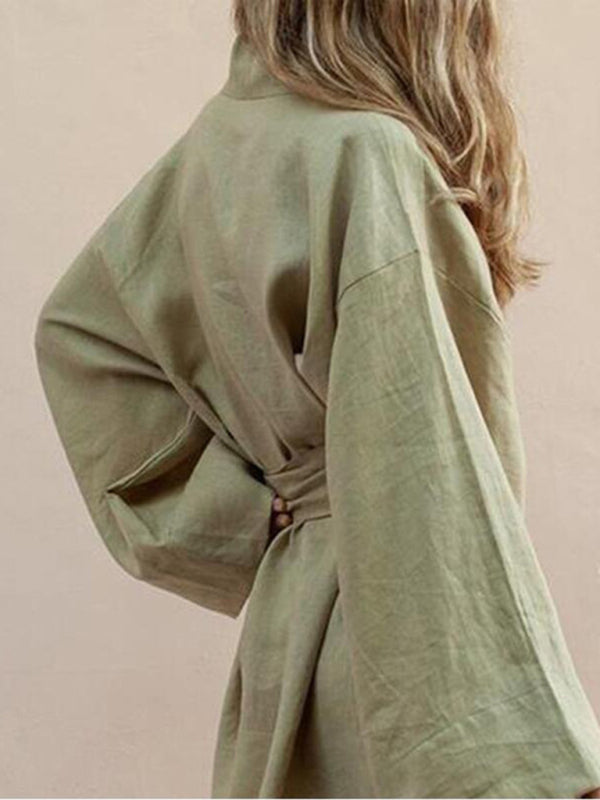 Robes - Casual Cotton Blend Belted Robe for Women