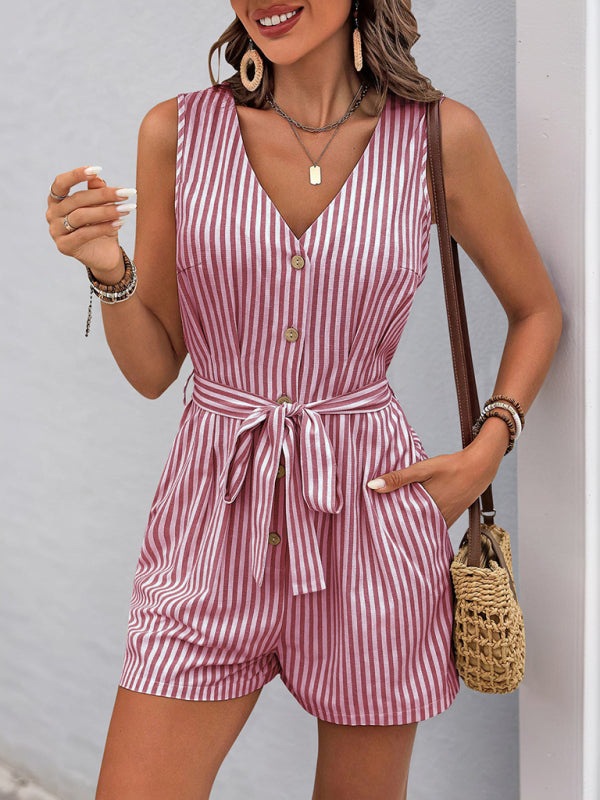 Rompers - Trendy Striped Playsuit with Pockets - Buttoned Romper
