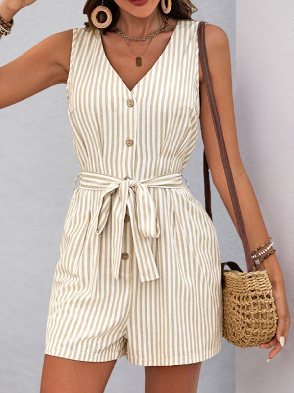 Rompers - Trendy Striped Playsuit with Pockets - Buttoned Romper