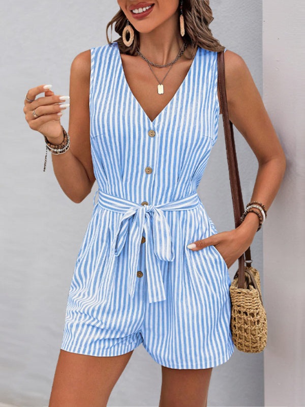 Rompers - Trendy Striped Playsuit with Pockets - Buttoned Romper