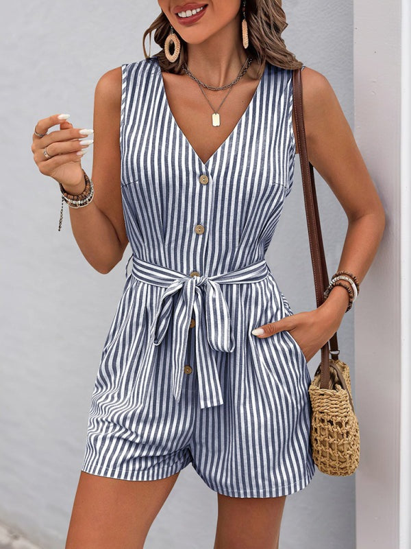Rompers - Trendy Striped Playsuit with Pockets - Buttoned Romper
