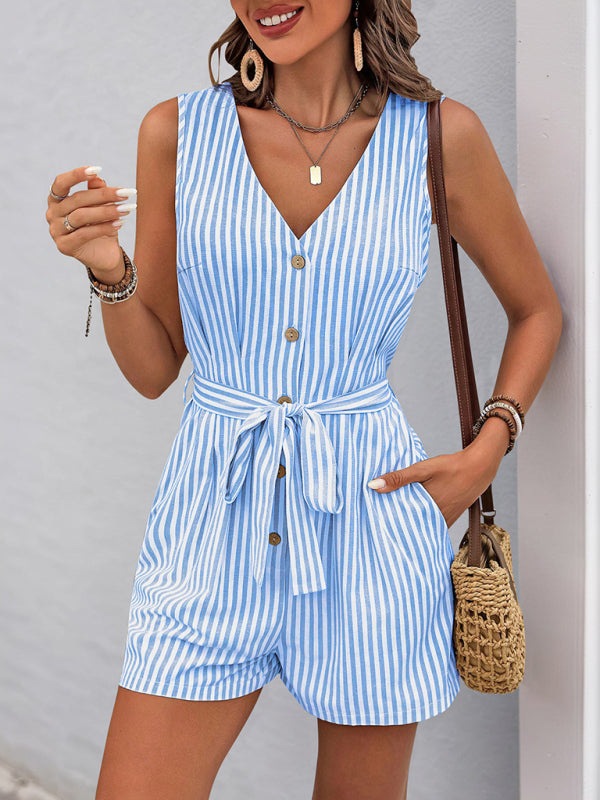 Rompers - Trendy Striped Playsuit with Pockets - Buttoned Romper