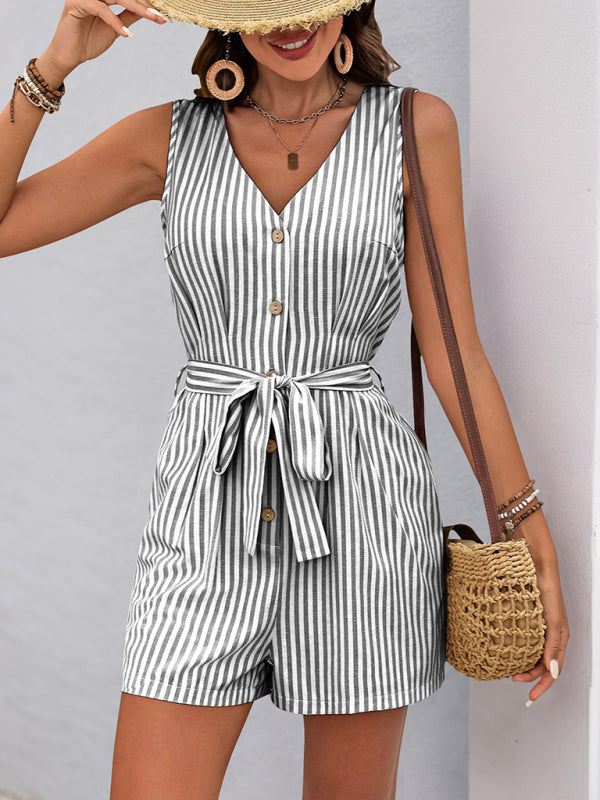 Rompers - Trendy Striped Playsuit with Pockets - Buttoned Romper