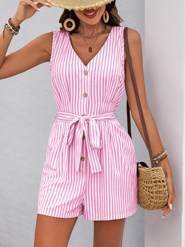 Rompers - Trendy Striped Playsuit with Pockets - Buttoned Romper