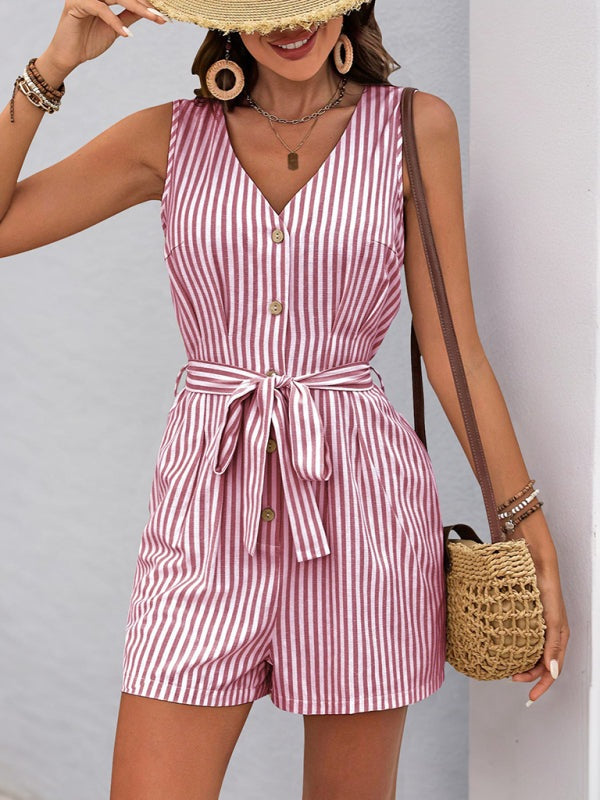 Rompers - Trendy Striped Playsuit with Pockets - Buttoned Romper