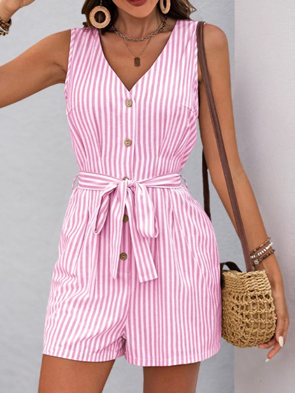 Rompers - Trendy Striped Playsuit with Pockets - Buttoned Romper