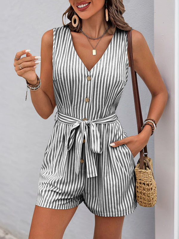 Rompers - Trendy Striped Playsuit with Pockets - Buttoned Romper