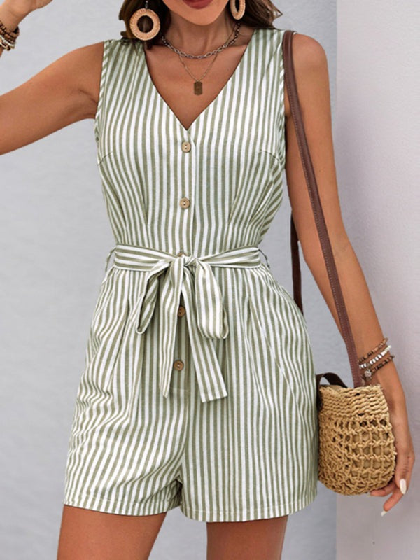 Rompers - Trendy Striped Playsuit with Pockets - Buttoned Romper