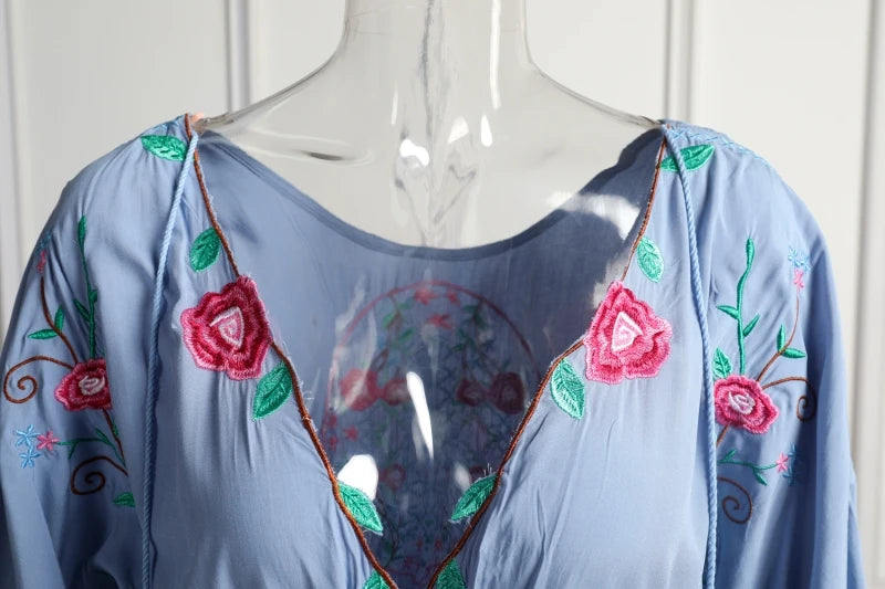 Kaftans - Jastie Embroidered Women Maxi Dress V-Neck Batwing Sleeve Loose Oversize Summer Dresses Drawstring Waist Boho Beach Vestidos