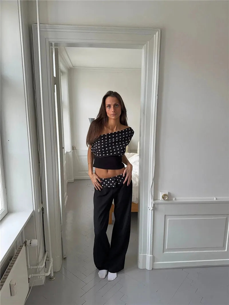 Crop Blouses - Backless Polka Dot Crop Tops Women Vest Fashion Summer New Oblique Shoulder Sleeveless Tank Tops Pullovers Female