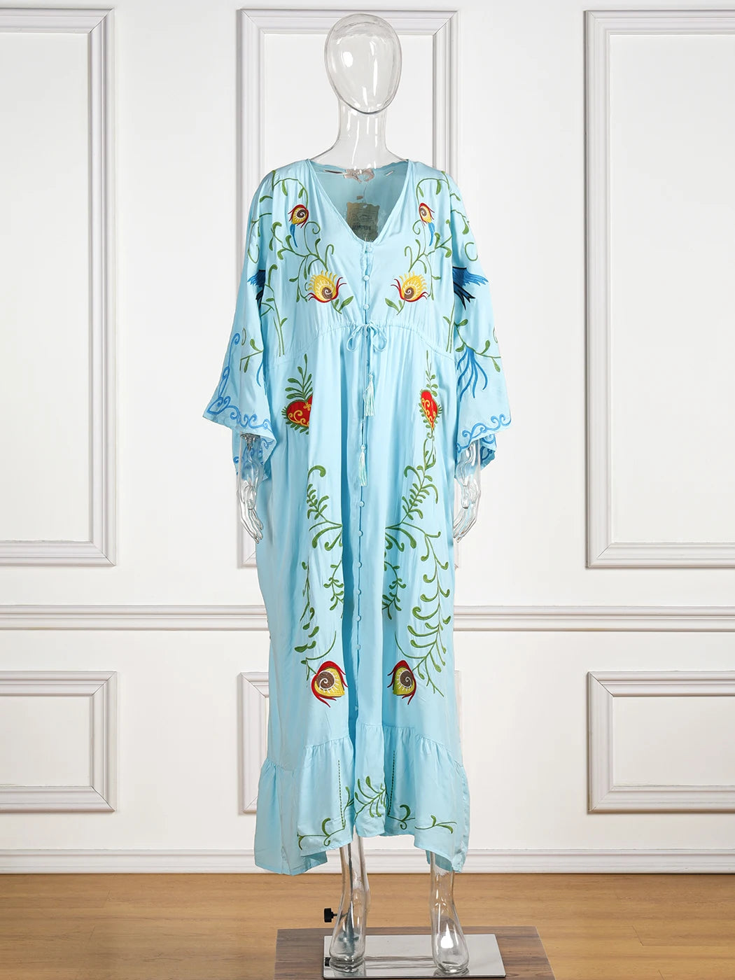 Kaftans - Jastie Embroidered Women Maxi Dress V-Neck Batwing Sleeve Loose Oversize Summer Dresses Drawstring Waist Boho Beach Vestidos