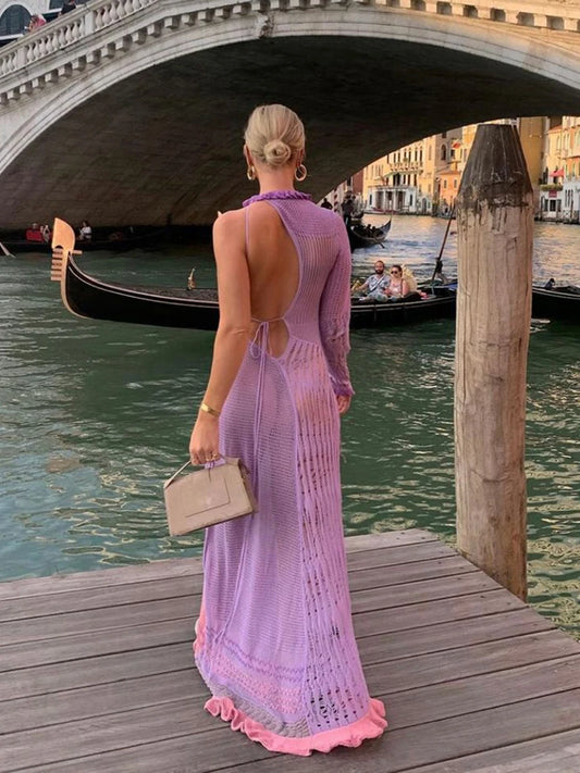 Beach Dresses - Contrast Color Hollow-Out Knit Beach Long Dress 2023 Summer See-Through One-Shoulder Long Sleeve Halter Tie-up Cover-Ups Dress