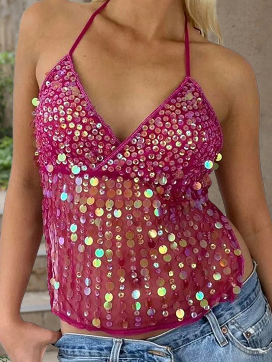 Tops - Women Y2k Sparkly Sequin Halter Beaded Camisole Cute Glitter Rhinestone Spaghetti Strap Backless Criss Cross Cami Top Blue