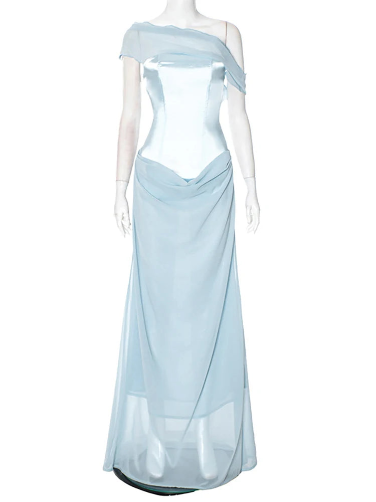 Elegant Dresses - Patchwork Sexy Diagonal Collar Women Maxi Dress Backless High Wasit Dress Spring New Elegant Party Evening Dress 2025