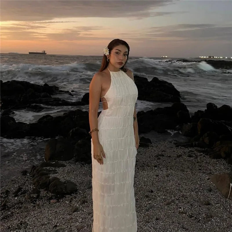 Party Dresses - Mozision Halter Backless Sexy Maxi Dress For Women Spring Summer New Lace-up Sleeveless Pleated Beach Holiday Long Dress Elegant