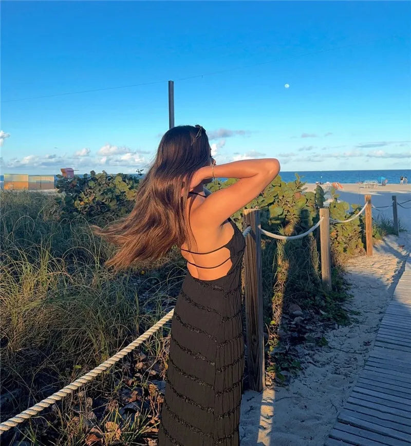 Party Dresses - Mozision Halter Backless Sexy Maxi Dress For Women Spring Summer New Lace-up Sleeveless Pleated Beach Holiday Long Dress Elegant