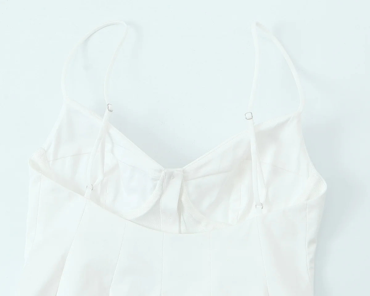 Cami Tops - Summer Women Striped Sleeveless V-Neck Mini Top Woman Slim High Street Short Dress Pleated Button Decoration Top