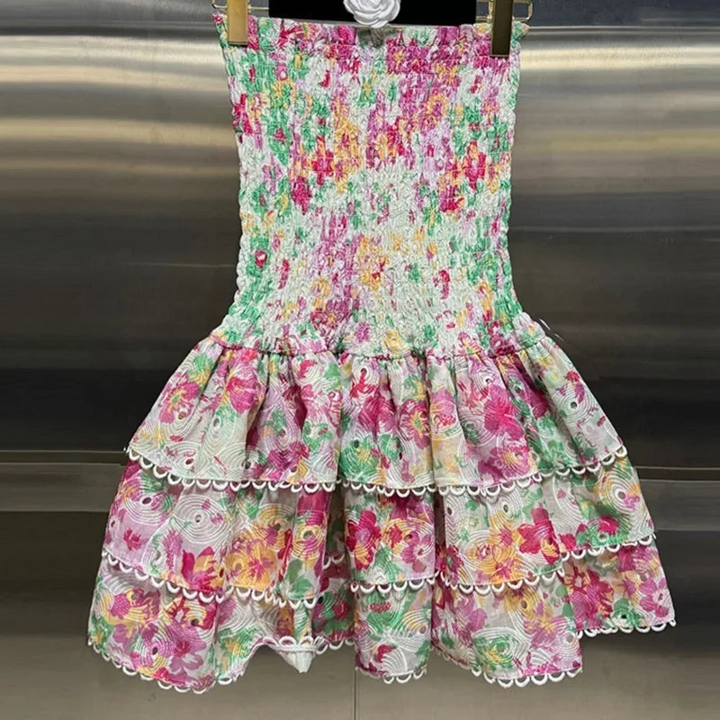 Strapless Dresses - fashion Short Dress Vacation Style Print Hollow Out Splicing Ruffle Edge Elegant Party Dresses Women 2025 Spring Summer 978