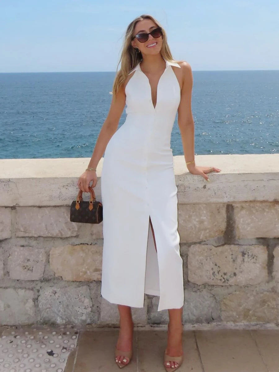 Casual Dresses - Summer Sleeveless Single Breasted Dress Fashionable Ladies Slim Fit Collar Solid Color Long Dresses Women's Clothing