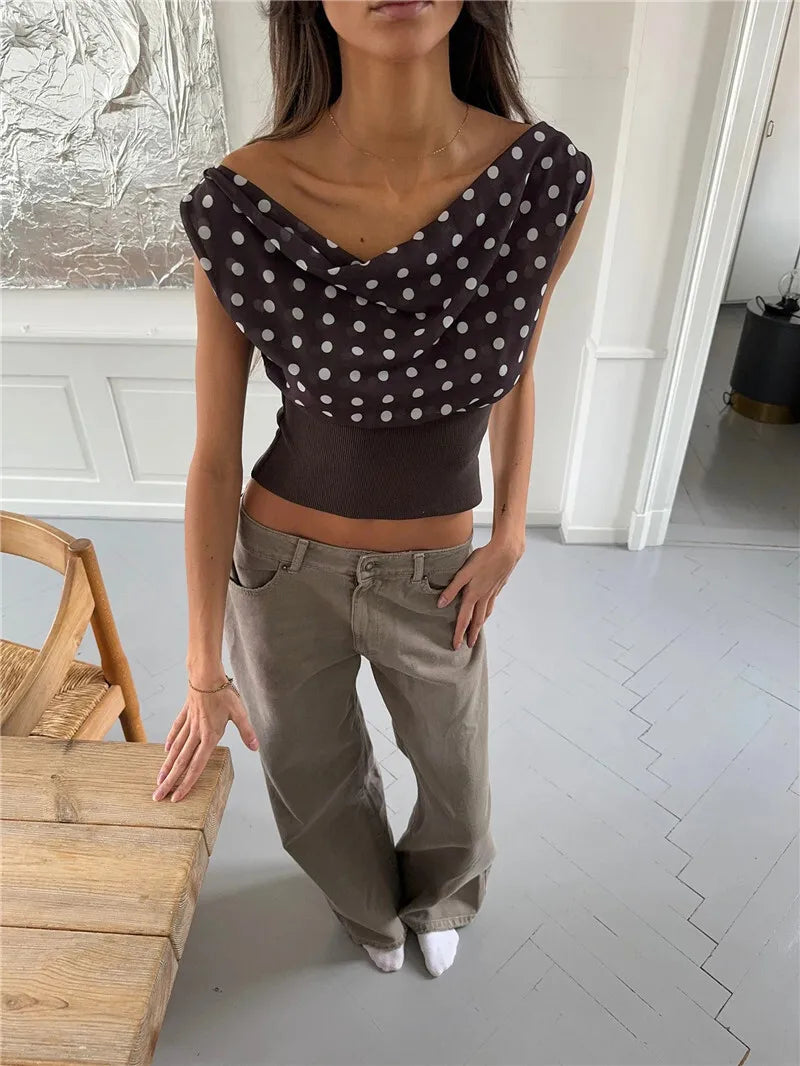 Crop Blouses - Backless Polka Dot Crop Tops Women Vest Fashion Summer New Oblique Shoulder Sleeveless Tank Tops Pullovers Female