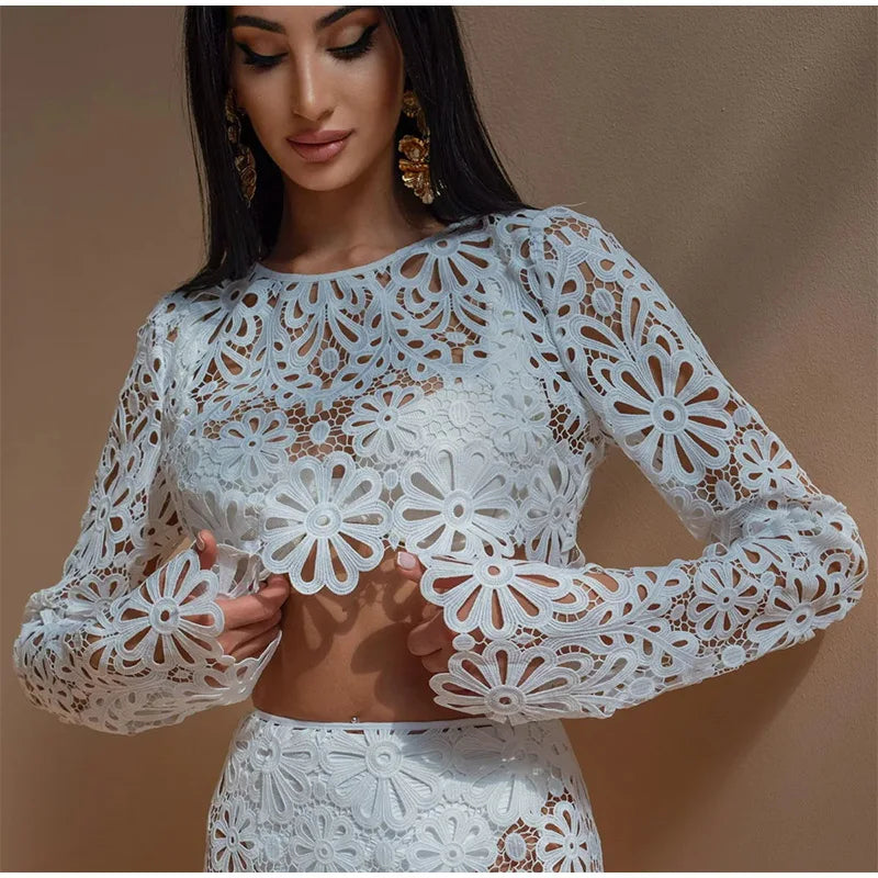 Matching Sets - Elegant See Through Crochet Top Women Set Hallow Out Flare Long Sleeve Top Slim Empire Hip Package Skirts 2025 Summer Lady Set