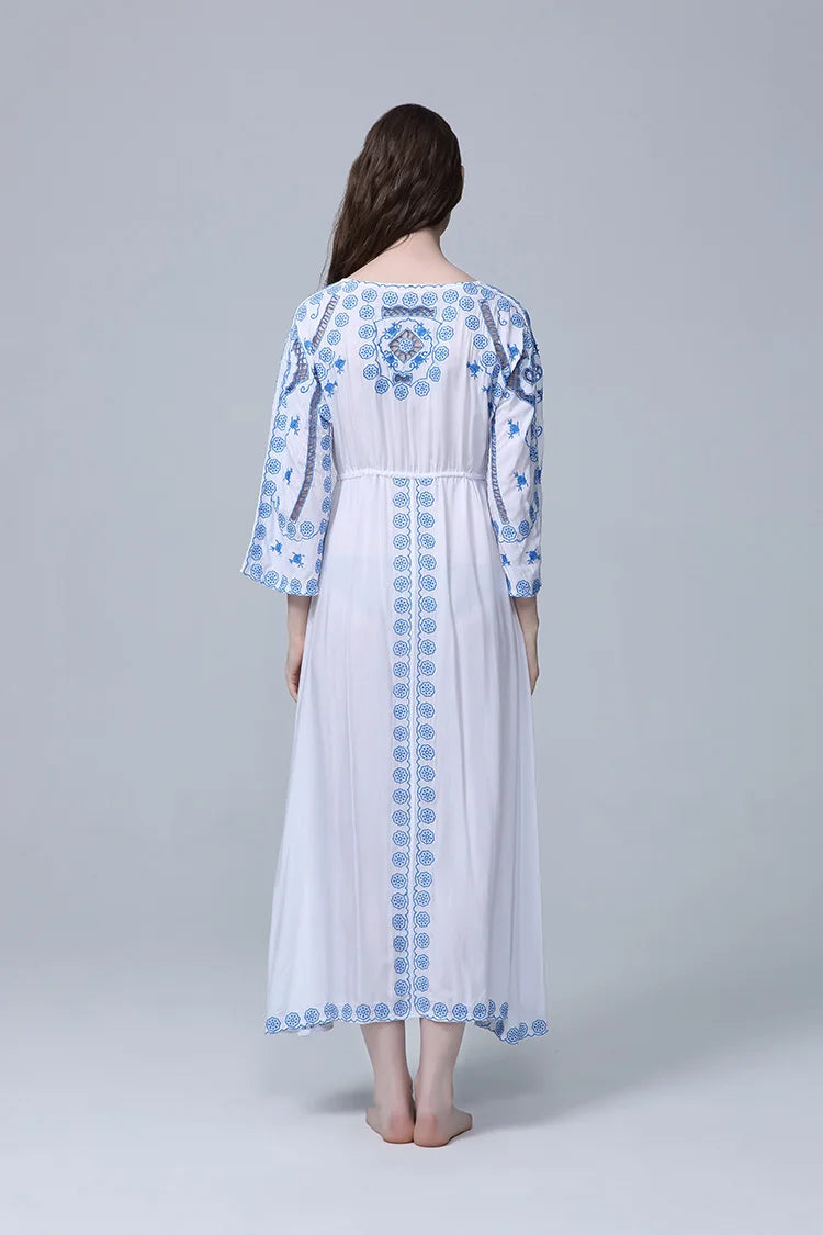 Kaftans - Jastie Embroidered Women Maxi Dress V-Neck Batwing Sleeve Loose Oversize Summer Dresses Drawstring Waist Boho Beach Vestidos