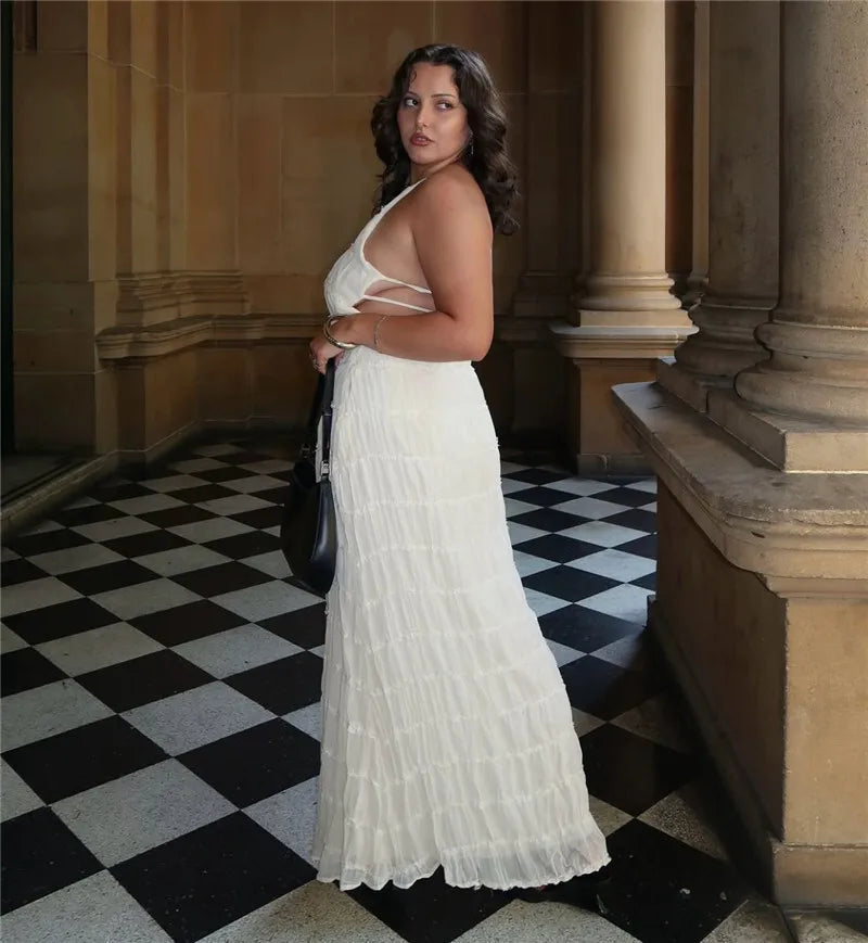 Party Dresses - Mozision Halter Backless Sexy Maxi Dress For Women Spring Summer New Lace-up Sleeveless Pleated Beach Holiday Long Dress Elegant