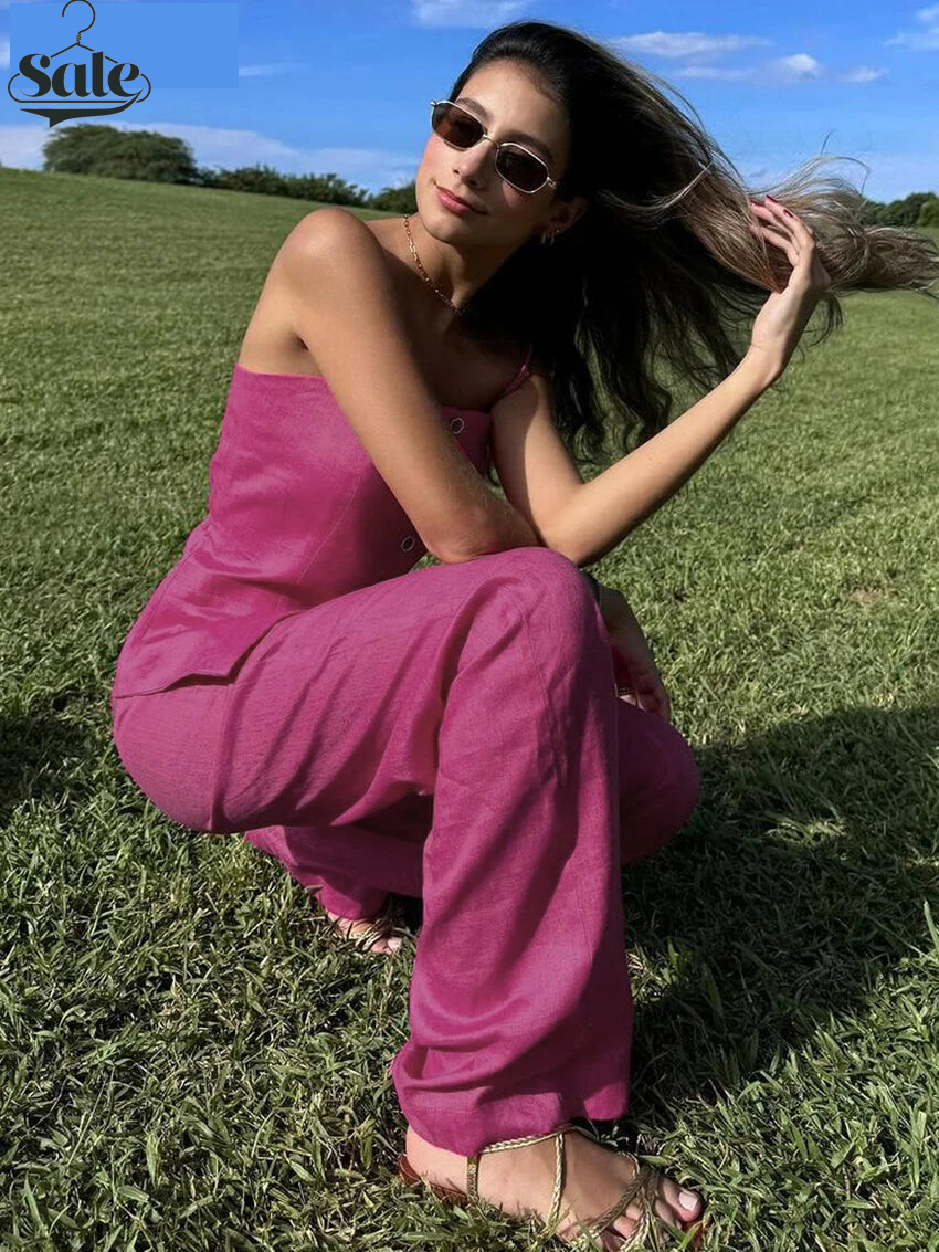 Pants Sets - Summer Loose Pink Cotton Trousers Set 2 Pieces Women 2025 Sexy Sleeveless Tank Top With High Waist Wide Pants Set Female