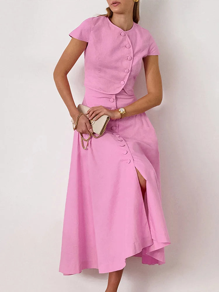 Skirt set - Women Vest Skirt Suit Solid O-neck Single Breasted Short Sleeve Short Top Button Wide Leg Skirts Female Summer Lady Beach Wears