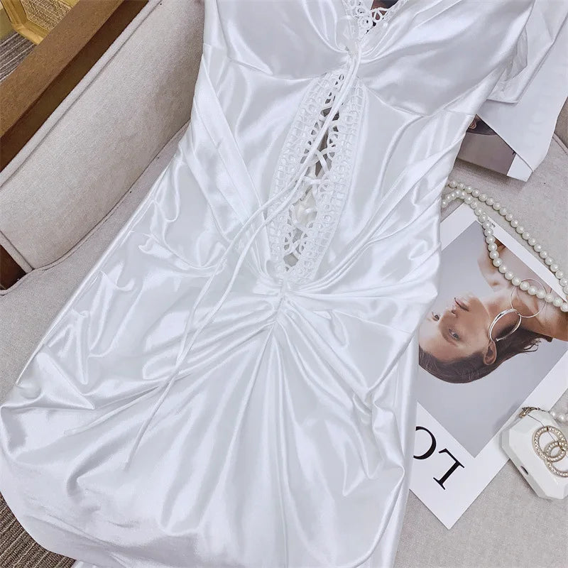 Elegant Dresses - Solid Color White Lace Up Backless Women's Dresses Retro Roman Mythology Knitted Pearl Elastic Fishbone Dress 2025