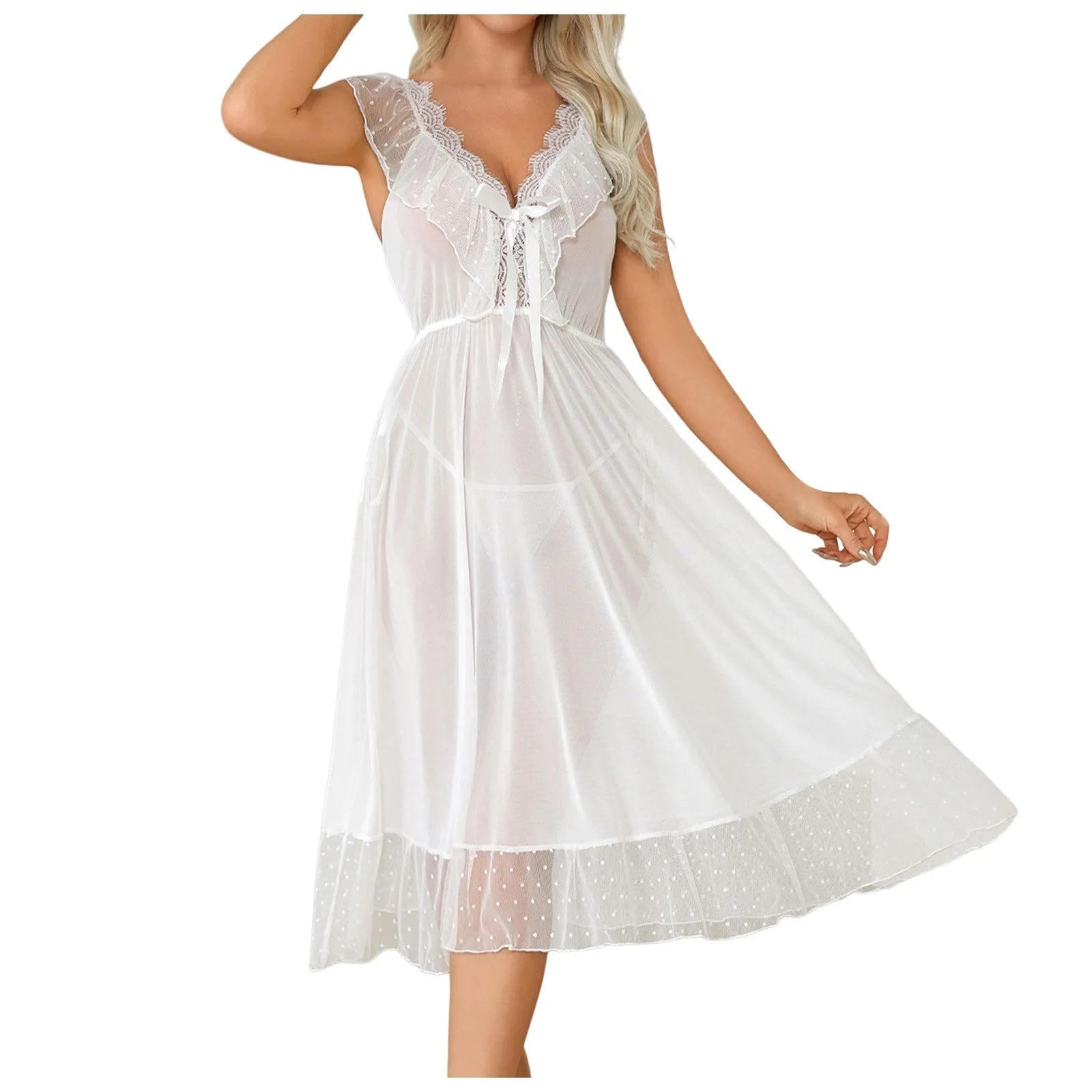 - Fashion Sexy Lace Underwear Pure Desire Wind Nightdress Chiffon Mesh Floral Edge Nightdress Women Pajama ночнушка женская