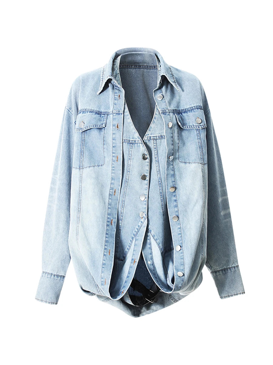 Denim Outfits - Loose Chic Jackets For Women Lapel Long Sleeve Streetwear Patchwork Pockets Coats Female Fashion Style New