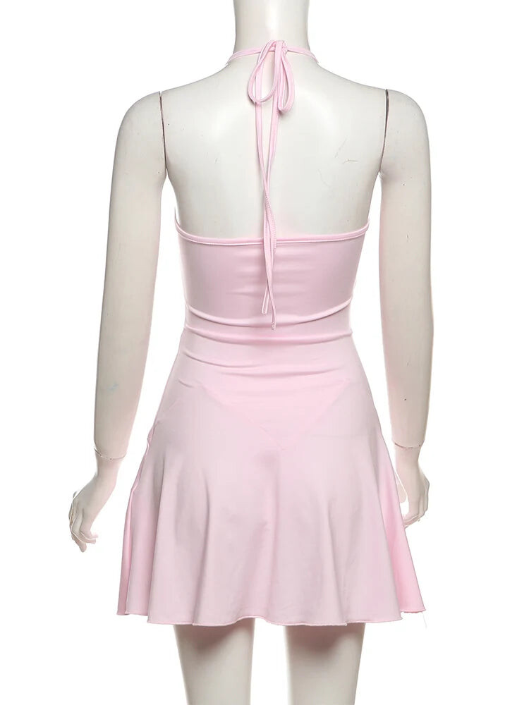 Party Dresses - Halter Ruffles V-Neck Dress Women Backless Elegant Sexy Summer Fashion V-Neck Solid Birthday Party Clubwear Mini Bodycon