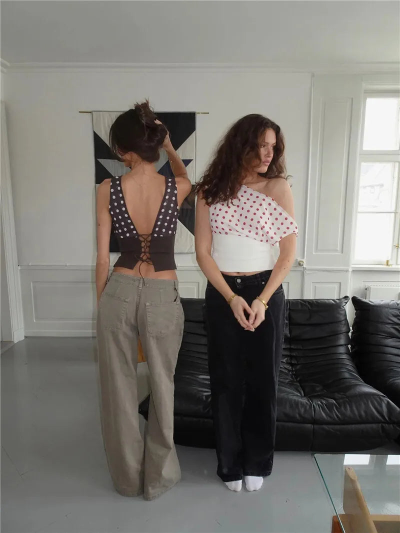 Crop Blouses - Backless Polka Dot Crop Tops Women Vest Fashion Summer New Oblique Shoulder Sleeveless Tank Tops Pullovers Female