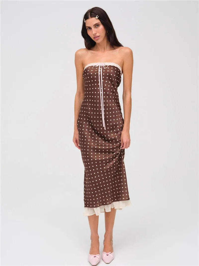 Strapless Dresses - Lace Strapless Backless Sexy Midi Dress For Women Fashion Off-shoulder Sleeveless Bodycon Polka Dot Dress Elegant