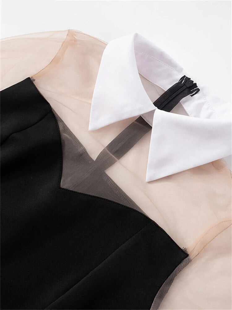 Shirt Dresses - Pullover Women Sexy Mesh See Through Turn Down Collar Night Club Dress Evening Party Summer Short Elegant Fashion Dress